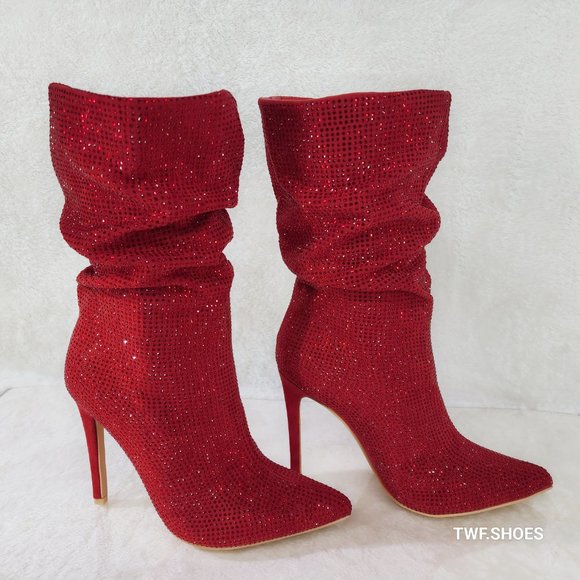 Resolve Sparkling Red Rhinestone High Heel Slouch Calf Boots New Years Bling - Picture 7 of 17